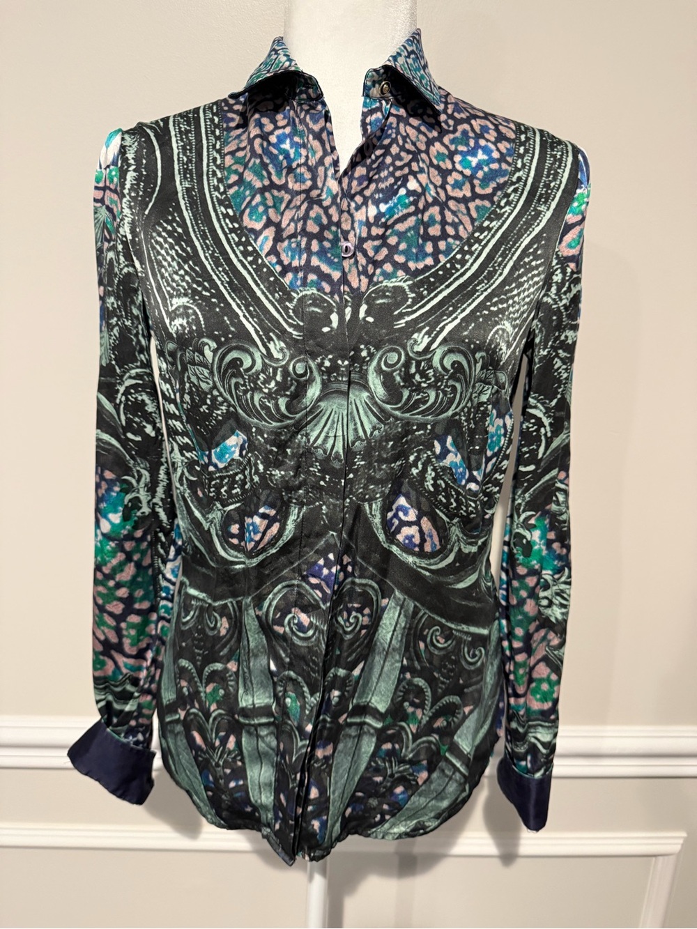 Just Cavalli Black Printed Button-Down Blouse with Teal & Pink Accents